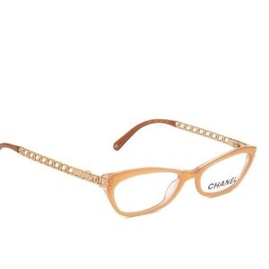 CHANEL Peach-Beige Cat-Eye Glasses with Gold Chain Temples